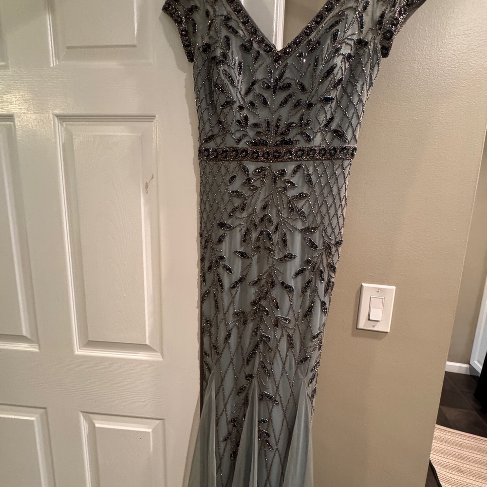 Oleg Cassini Gray Beaded Prom Dress